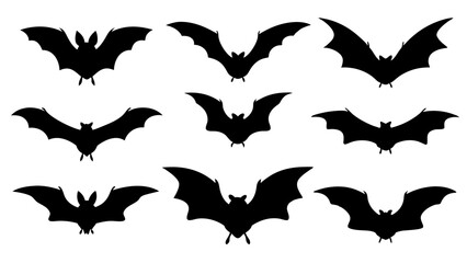 set of black bat silhouette vector on tranparent background
