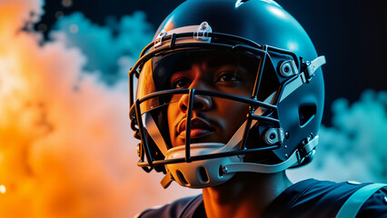 Fototapeta premium American Football Player in Helmet – Colorful Portrait of Athletic Professional for Sports Media, NFL Draft Coverage, and April Football Event Promotions