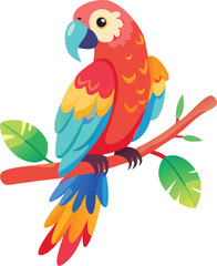A colorful parrot perched on a tropical branch with lush green leaves and bright flowers