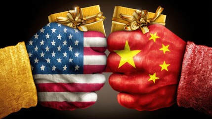 Two fists clenching flags of china and usa symbolizing the tensions and competition in global trade relations