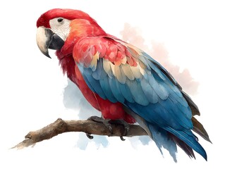 Obraz premium A vibrant scarlet macaw parrot perched on a branch is depicted in a detailed watercolor painting style illustration.