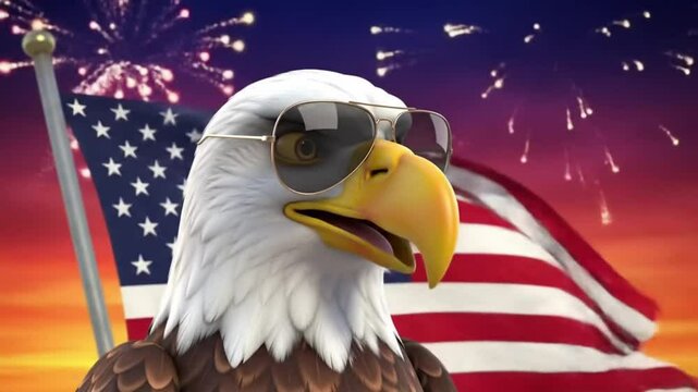 4th of July, USA Independence day, cartoon-style bald eagle wearing aviator sunglasses, perched proudly on a waving American flag pole in the background.