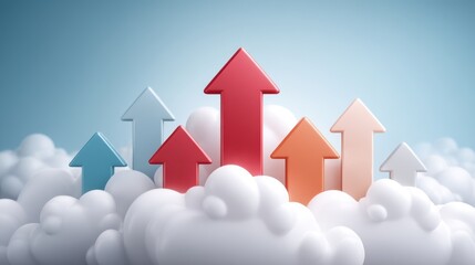 Colorful arrows rise above clouds, symbolizing growth, progress, and upward movement against a blue sky background.