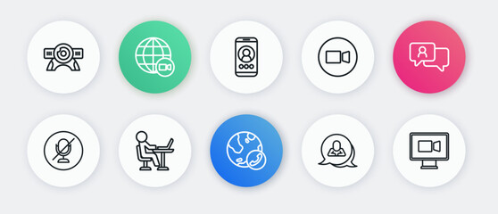 Set line Video chat conference, Speech bubble, Mute microphone, and Freelancer icon. Vector