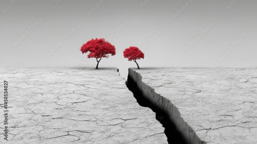Poster two resilient trees growing out of a crack in the ground representing strength and survival in a har