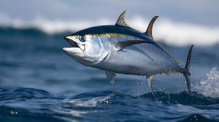 Obraz premium A tuna fish leaping gracefully out of the ocean, creating a splash. The tuna is in its natural habitat, the sea. The fish is sleek and powerful, symbolizing the strength of the marine environment