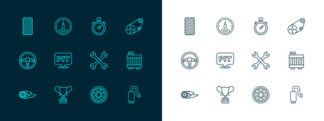 Set line Timing belt kit, Award cup, Wrench spanner, Alloy wheel for car, Pit stop, Stopwatch, Car tire and Speedometer icon. Vector