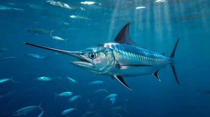 Naklejka premium A striking swordfish swims gracefully through the deep blue ocean