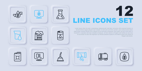 Set line Oil railway cistern, drop with dollar symbol, and gas industrial factory, Broken oil pipe valve, petrol test tube, Word, and Canister for motor machine icon. Vector