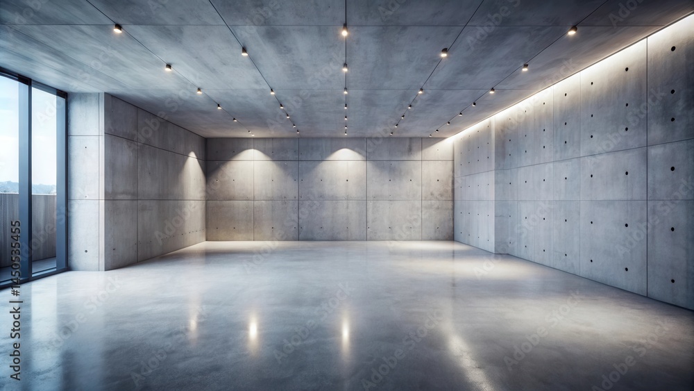 Aufkleber A minimalist concrete room with a large window and a polished floor, illuminated by recessed lighting in the ceiling