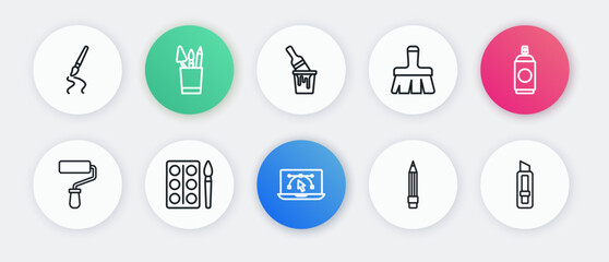 Set line Computer with design program, Paint spray can, roller brush, Pencil eraser, bucket, Stationery knife and Watercolor paints box icon. Vector