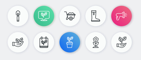 Set line Plant in pot, Garden hose, Leaf hand, Flower, Waterproof rubber boot, Wheelbarrow, and Calendar with autumn leaves icon. Vector