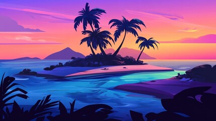 Fototapeta premium illustration of a colorful tropical sea landscape at sunset