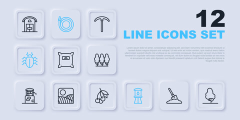 Set line Shovel in the ground, Fruit tree, Pack full of seeds, Water tower, Colorado beetle, Agriculture wheat field farm, Garden hose and Fresh berries icon. Vector