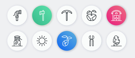 Set line Sprout, Farm house, Well, Gardening scissors, Apple, Pickaxe, Fruit tree and Sun icon. Vector