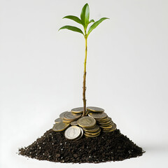 Plant growing from pile of coins investment growth