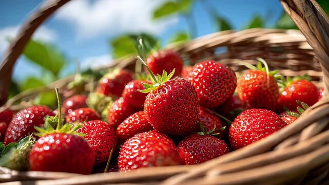 A basket filled with fresh, ripe, red strawberries under a bright sky.