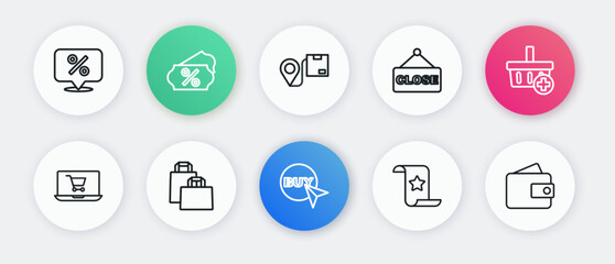 Set line Buy button, Add Shopping basket, cart screen laptop, Paper check and financial check, Hanging sign with text Closed, Location cardboard box, Wallet and shopping bag icon. Vector