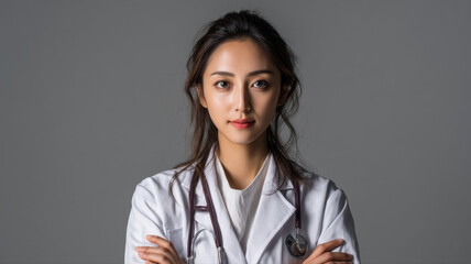Female doctor in lab coat smiling — a detailed and modern 3D-style concept ideal for tech visuals, infographics, marketing materials, and futuristic digital presentations.
