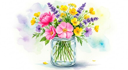 Watercolor painting of a flower arrangement in a glass jar with pink yellow and purple flowers