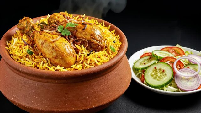 Delicious chicken biryani served in a clay pot with a fresh salad on the side.