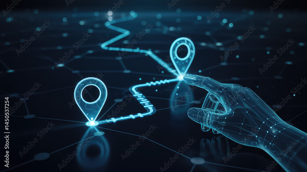 Poster digital navigation route: an artistic representation of a digital route with two pin icons, a glowin