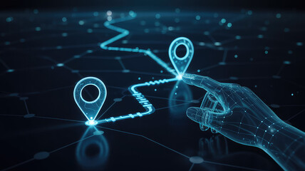 Digital Navigation Route: An artistic representation of a digital route with two pin icons, a glowing pathway, and a digital hand interacting with the map.