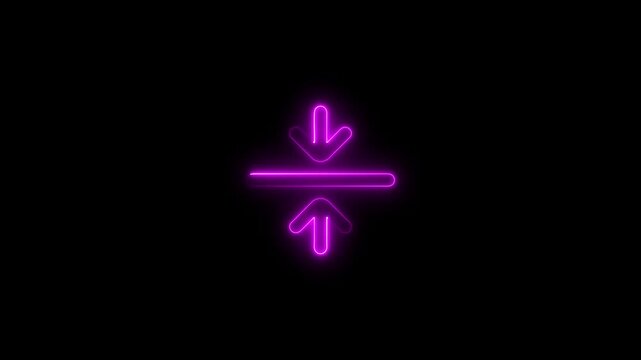 Glowing purple neon icon of vertical compression symbol on a black background