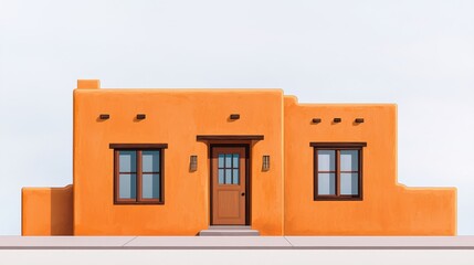 Obraz premium A modern adobe-style house with orange stucco walls, flat roof, and wooden door, featuring two front windows and minimalistic design.