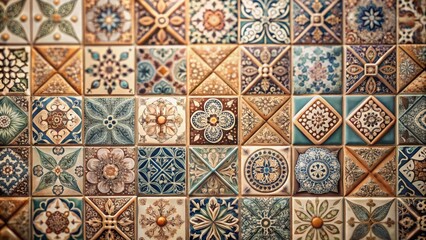 A decorative pattern of intricate tile designs, featuring floral motifs, geometric shapes, and vibrant colors, creating a captivating tapestry of artistic craftsmanship.