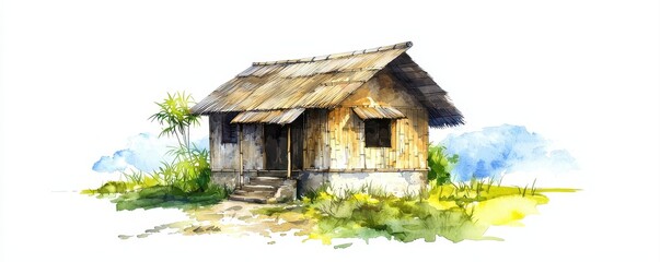 A rustic wooden hut stands in a grassy field, surrounded by greenery, under a clear sky in this watercolor illustration.