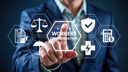 Businessperson interacts with workers' compensation interface.
