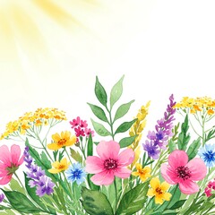 Fototapeta premium Watercolor painting showcasing a vibrant assortment of flowers in full bloom with green foliage below