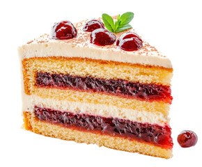 Delicious berry cake slice with cream and toppings ideal for dessert lovers bright isolated on transparent background
