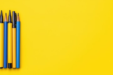 Colorful writing instruments arranged neatly on bright yellow background for creative use and education