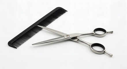 A close-up shot of hair styling tools, including a comb and professional scissors, on white.