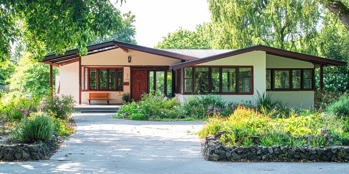 A charming, single-story house with large windows, surrounded by lush gardens and greenery under bright daylight.