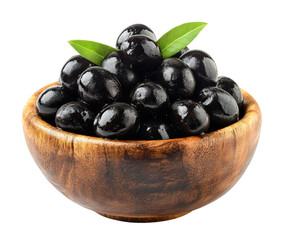 Delicious black olives in wooden bowl food natural isolated on transparent background