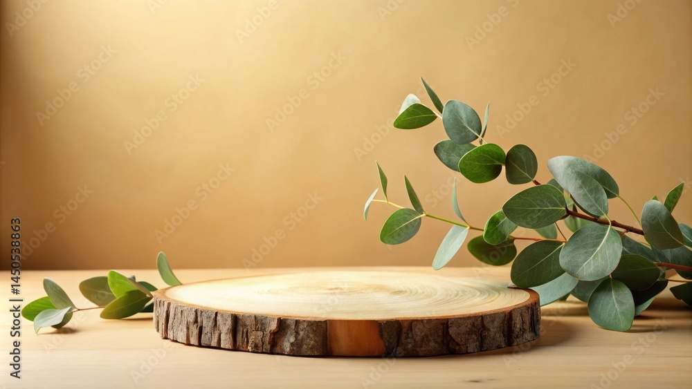 Aufkleber natural wooden platform with eucalyptus branch for product display