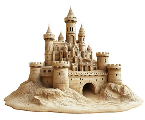 Majestic sandcastle construction beach sculpture sunny day ground level view isolated on transparent background
