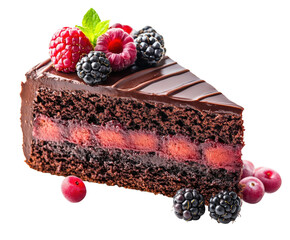Delicious chocolate cake slice with berries dessert table food isolated on transparent background
