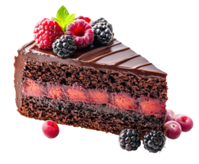 Delicious chocolate cake slice with berries dessert table food isolated on transparent background