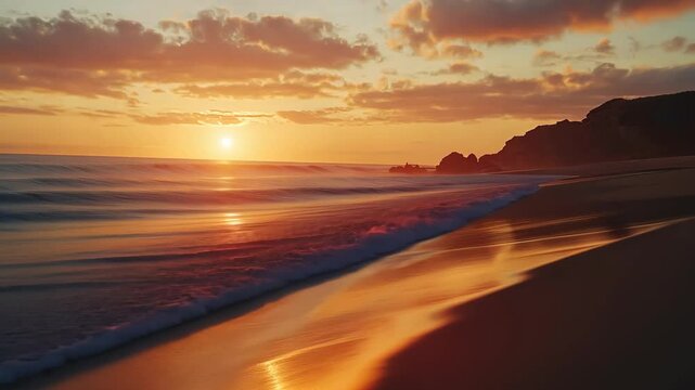 Golden sunset over serene beach with rolling waves and vibrant sky