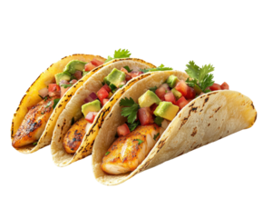 Delicious grilled chicken tacos mexican restaurant food bright isolated on transparent background