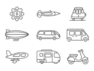 A set of nine simple, clean line art icons depicting various forms of transportation, including futuristic vehicles, a train, airplanes, and vans.