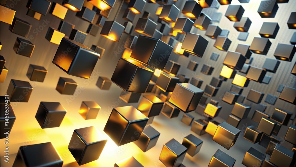 Poster Abstract 3D rendering of black cubes with golden highlights, showcasing a dynamic composition of floating geometric shapes, creating a sense of depth and perspective.