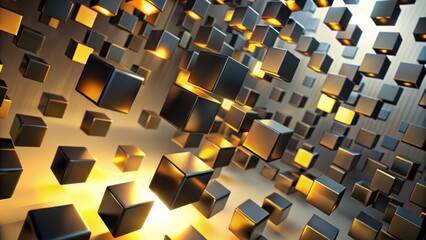 Abstract 3D rendering of black cubes with golden highlights, showcasing a dynamic composition of floating geometric shapes, creating a sense of depth and perspective.