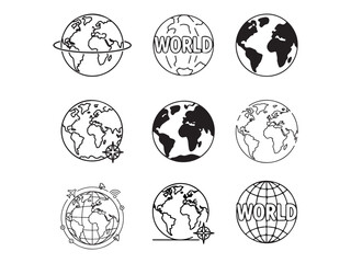 Obraz premium This image features nine unique black and white line art illustrations of the Earth vector on white background 