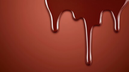 Liquid chocolate melting and dripping on a smooth brown surface with a glossy finish