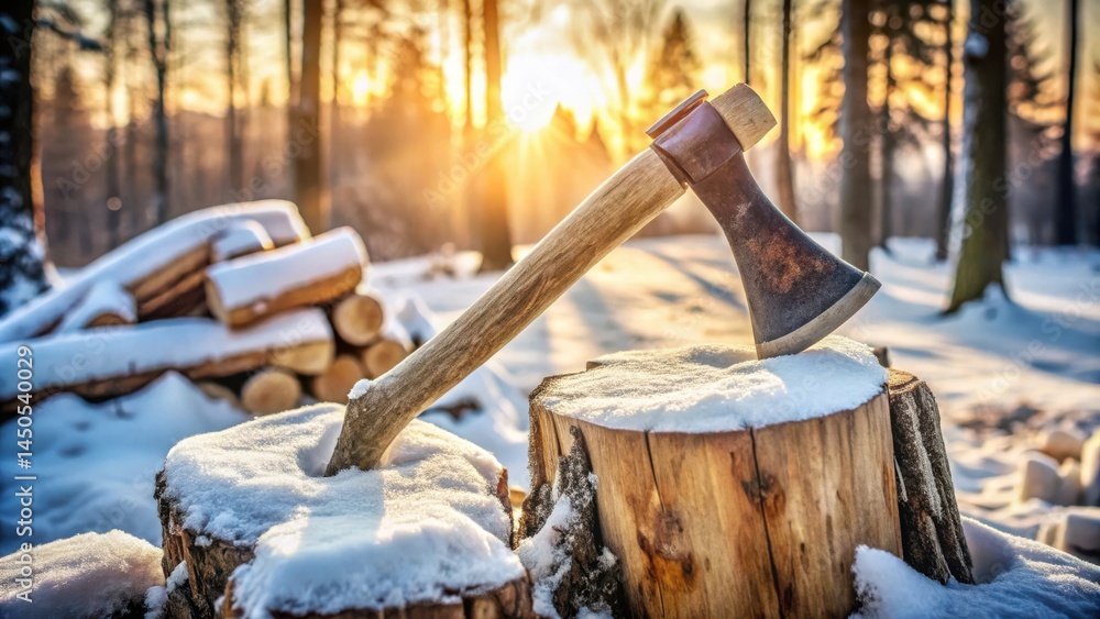Poster a lone axe rests in the snow, its wooden handle bathed in the warm glow of the setting sun, a testam